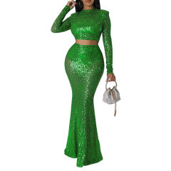 Green Sequined Crop Top with Fishtail Skirt Set TQV810034-9