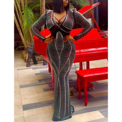 Black Padded Shoulder V Neck Rhinestones Mesh Maxi Dress TQK311225-2