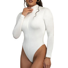 White Zipper-up High Neck Long Sleeve Bodysuit TQK550264-1