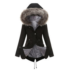Black Fur Collar Drawstring Waist Warm Hooded Parka Coat TQK280130-2A