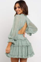 Green Ruffle Detailing Open Back Floral Dress LC220829-9