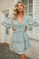 Green Ruffle Detailing Open Back Floral Dress LC220829-9