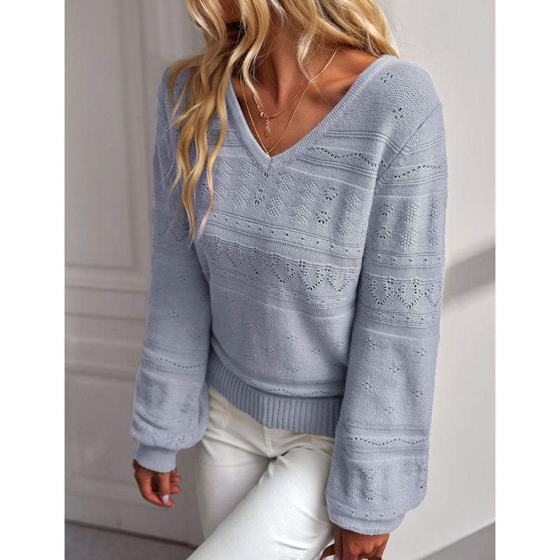 Blue V Neck Hollow-out Long Sleeve Sweater TQV270058-5