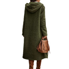 Army Green Open Front Long Sleeve Hooded Fleece Coat TQK280217-27
