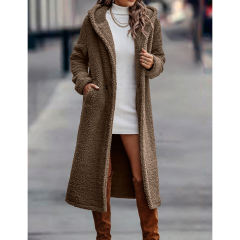 Khaki Open Front Long Sleeve Hooded Fleece Coat TQK280217-21