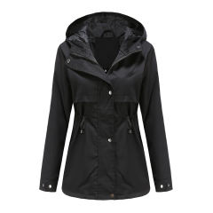 Black Waist Drawstring Hooded Outdoor Rainproof Coat TQK280126-2