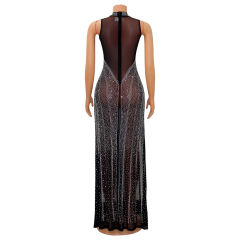Black Rhinestones Mesh Stand Neck Party Dress TQK311258-2