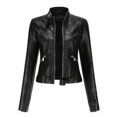 Black PU Stand Collar Short Leather Jacket TQK280124-2