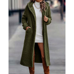 Army Green Open Front Long Sleeve Hooded Fleece Coat TQK280217-27