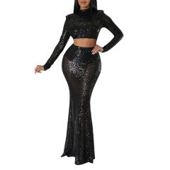 Black Sequined Crop Top with Fishtail Skirt Set TQV810034-2