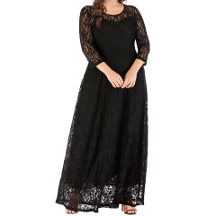 Black 3/4 Sleeve Crew Neck Lace Plus Size Dress TQK310977-2