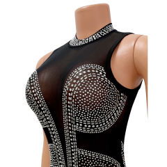 Black Rhinestones Mesh Stand Neck Party Dress TQK311258-2