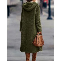 Army Green Open Front Long Sleeve Hooded Fleece Coat TQK280217-27