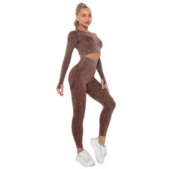 Coffee Nylon Seamless Long Sleeve Pant Yoga Set TQE91361-15