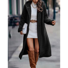 Black Open Front Long Sleeve Hooded Fleece Coat TQK280217-2