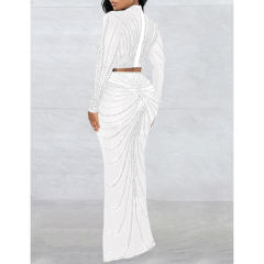 White Rhinestones Long Sleeve Crop with Maxi Skirt Set TQV810029-1