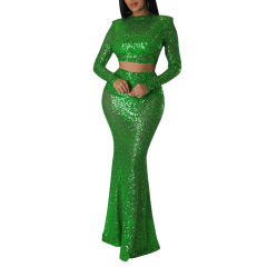 Green Sequined Crop Top with Fishtail Skirt Set TQV810034-9
