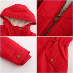Red Waist Drawstring Plush Hooded Thick Parka Coat TQK280127-3