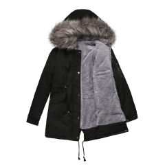 Black Fur Collar Drawstring Waist Warm Hooded Parka Coat TQK280130-2A