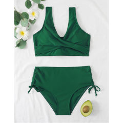 Green Cross Front Drawstring Side High Waist Bikini Swimsuit TQK610320-9