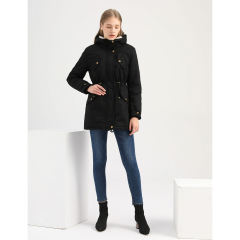 Black Waist Drawstring Plush Hooded Thick Parka Coat TQK280127-2