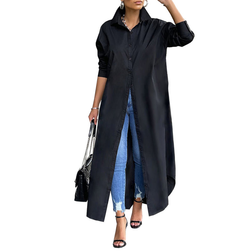 Black Long Sleeve Buttoned Maxi Shirt Dress TQK311304-2
