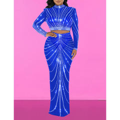 Blue Rhinestones Long Sleeve Crop with Maxi Skirt Set TQV810029-5