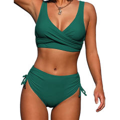 Green Cross Front Drawstring Side High Waist Bikini Swimsuit TQK610320-9
