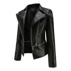 Black Removable Hem Leather PU Leather Jacket TQK280125-2