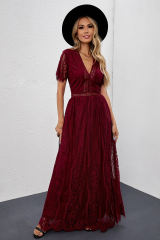 Burgundy Deep V Neck Short Sleeve Lace Maxi Dress LC611316-103