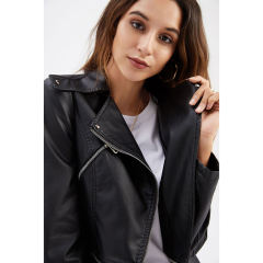 Black Removable Hem Leather PU Leather Jacket TQK280125-2