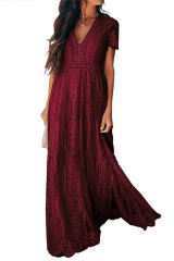 Burgundy Deep V Neck Short Sleeve Lace Maxi Dress LC611316-103