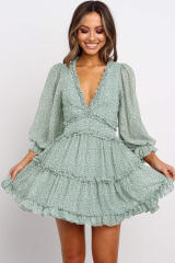 Green Ruffle Detailing Open Back Floral Dress LC220829-9