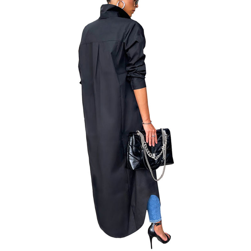 Black Long Sleeve Buttoned Maxi Shirt Dress TQK311304-2