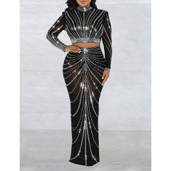 Black Rhinestones Long Sleeve Crop with Maxi Skirt Set TQV810029-2
