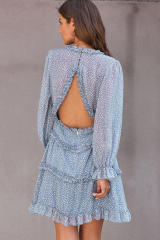 Sky Blue Ruffle Detailing Open Back Floral Dress LC220829-4