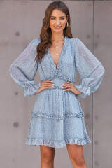 Sky Blue Ruffle Detailing Open Back Floral Dress LC220829-4