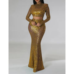 Gold Sequined Crop Top with Fishtail Skirt Set TQV810034-12