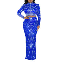 Blue Rhinestones Long Sleeve Crop with Maxi Skirt Set TQV810029-5