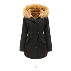 Black Brown Fur Collar Drawstring Waist Warm Hooded Parka Coat TQK280130-2B