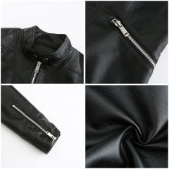 Black PU Stand Collar Short Leather Jacket TQK280124-2