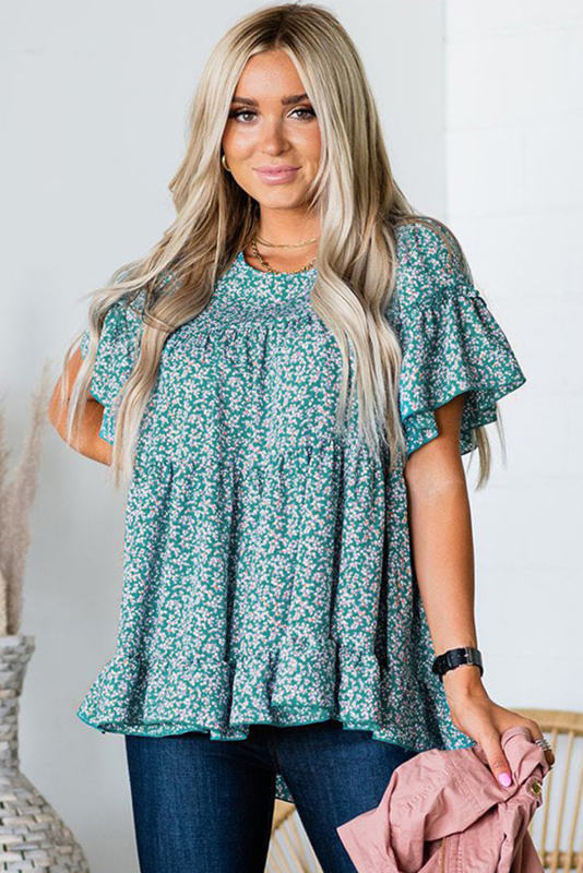Sky Blue Plus Size Floral Tiered Top with Ruffles LC25113670-4