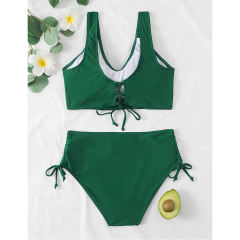 Green Cross Front Drawstring Side High Waist Bikini Swimsuit TQK610320-9