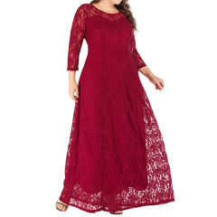Wine Red 3/4 Sleeve Crew Neck Lace Plus Size Dress TQK310977-23