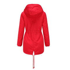 Red Waist Drawstring Plush Hooded Thick Parka Coat TQK280127-3