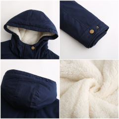 Navy Blue Waist Drawstring Plush Hooded Thick Parka Coat TQK280127-34
