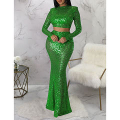 Green Sequined Crop Top with Fishtail Skirt Set TQV810034-9