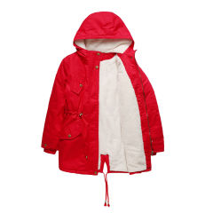 Red Waist Drawstring Plush Hooded Thick Parka Coat TQK280127-3