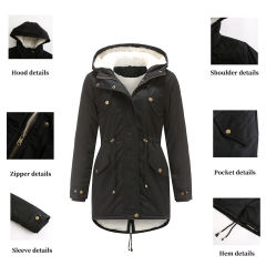 Black Waist Drawstring Plush Hooded Thick Parka Coat TQK280127-2