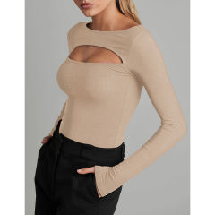 Apricot Ribbed Cut-out Long Sleeve Bodysuit TQV220110-18